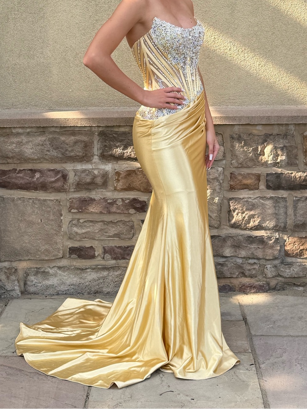 Elegant Strapless Gold Beaded Mermaid Evening Gown